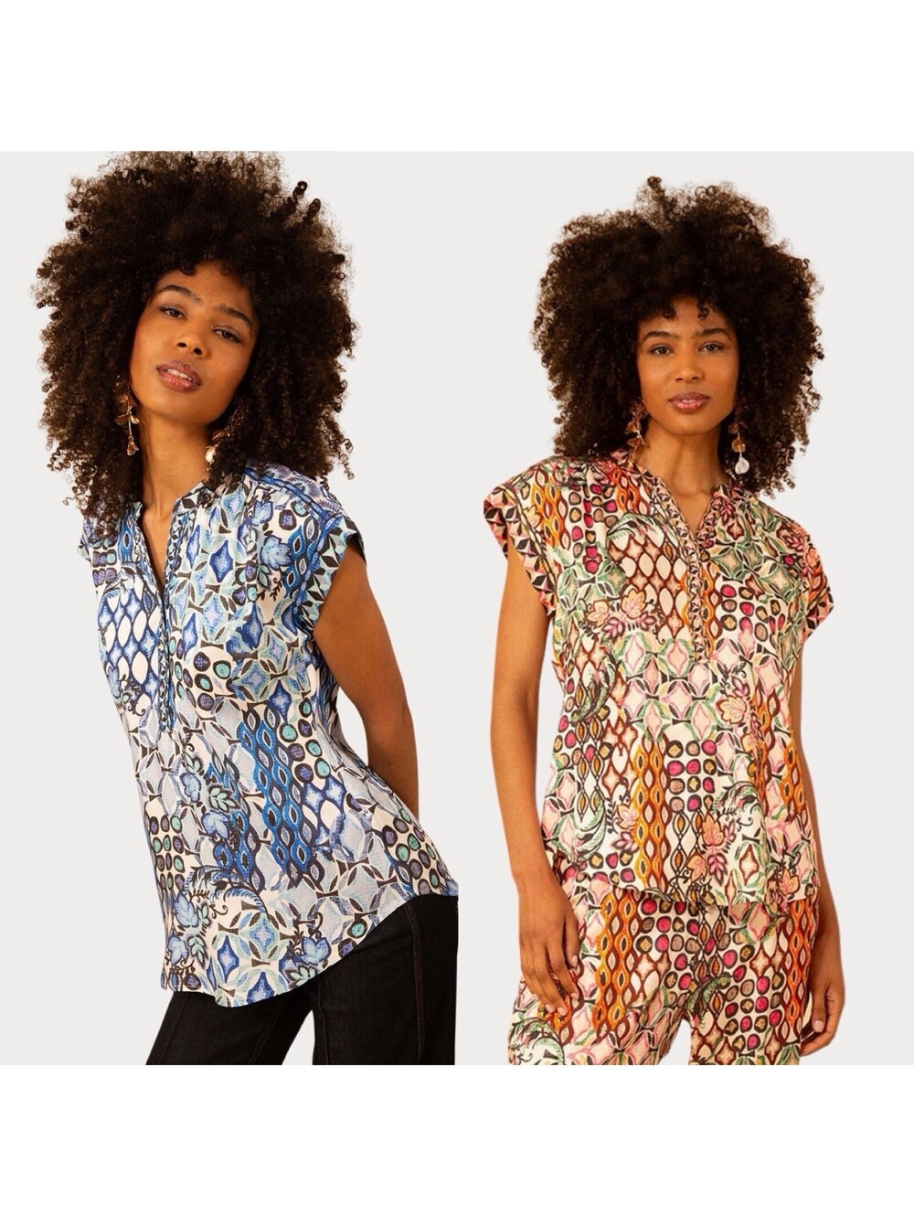 Hale Bob V-Neck Short Sleeve Patterned Blouse Set of 2 Both XS Blue/Pink
